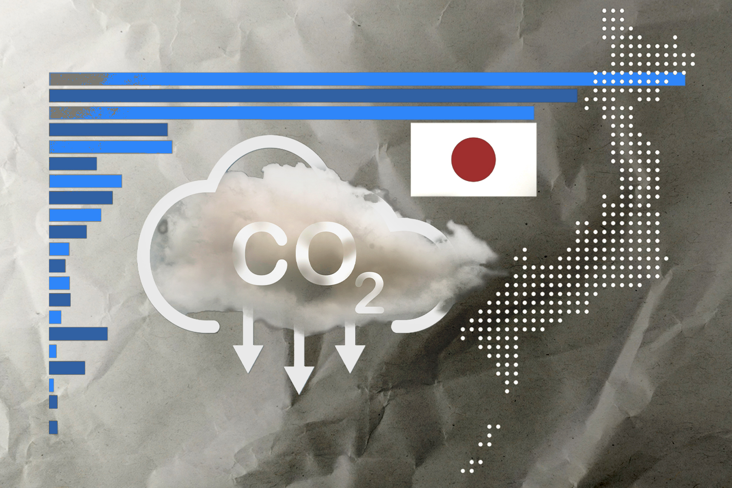 An illustration of a bar chart in shades of blue in front of a grey, crumpled piece of paper. In front of that is a cloud with 