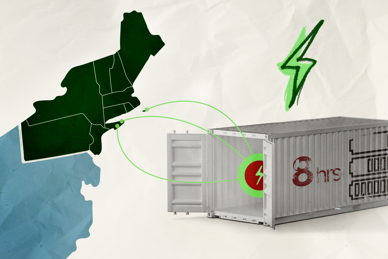An illustration showing the Northeastern United States and three green dots, one on Nantucket island and two on Long Island, with lines coming from a battery unit with 