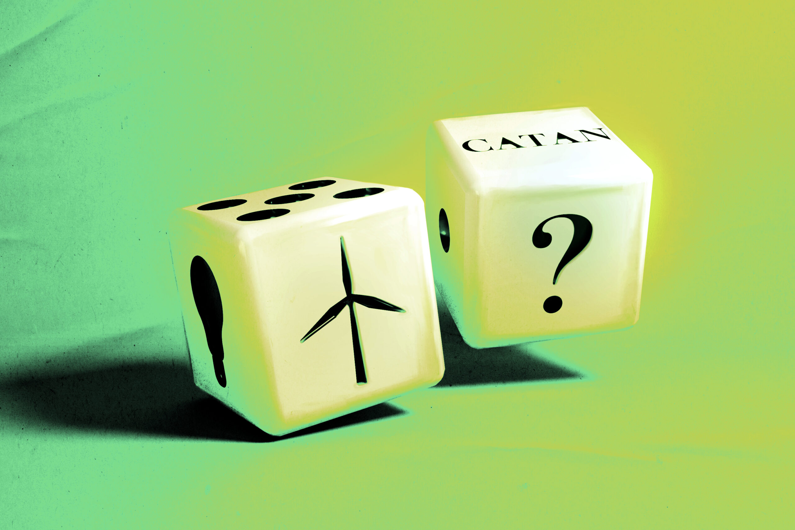 An illustration of two dice being rolled in front of a red and yellow backdrop. One of the die has a lightbulb and a wind turbine on it, while the other has a question mark and the word 