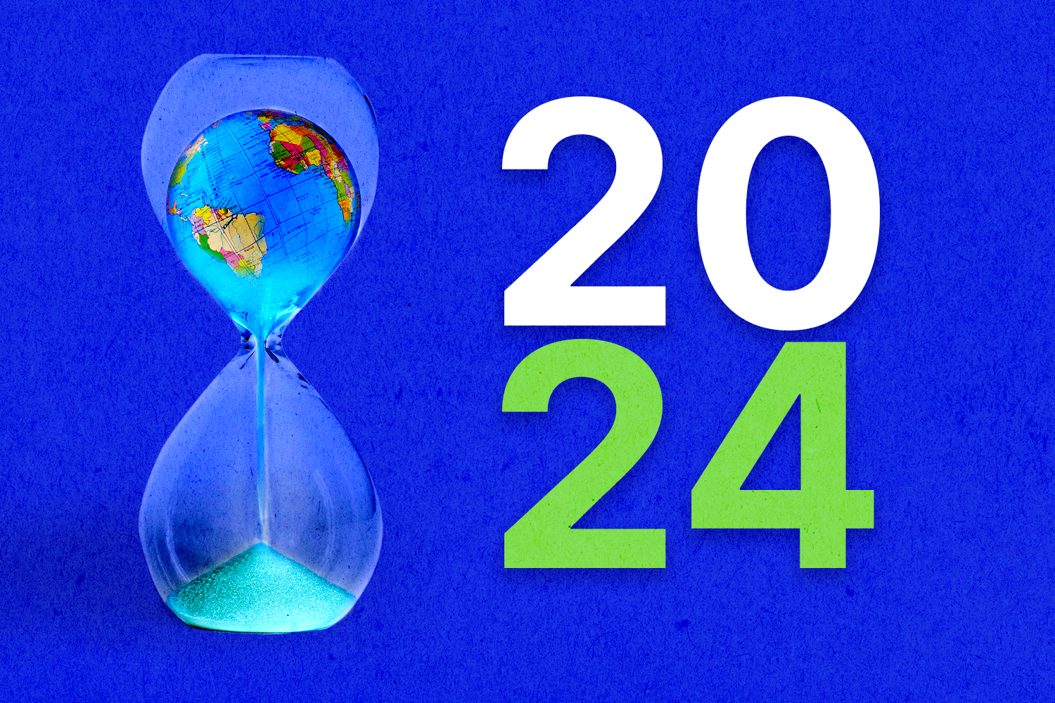 An illustration of the Earth in the top of an hourglass, slowly disintegrating into sand that's falling through the hourglass. Next to the hourglass, on the right, the year 