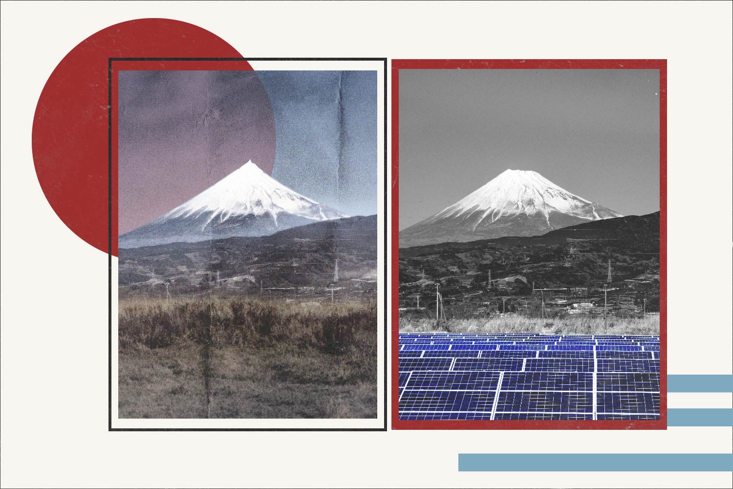 An illustration that shows Mt. Fuji in Japan twice, once in a photo that looks old and once in a photo that looks more recent, with solar panels in the foreground. There's also a large red circle behind the photos and the background is white, invoking the Japanese flag.