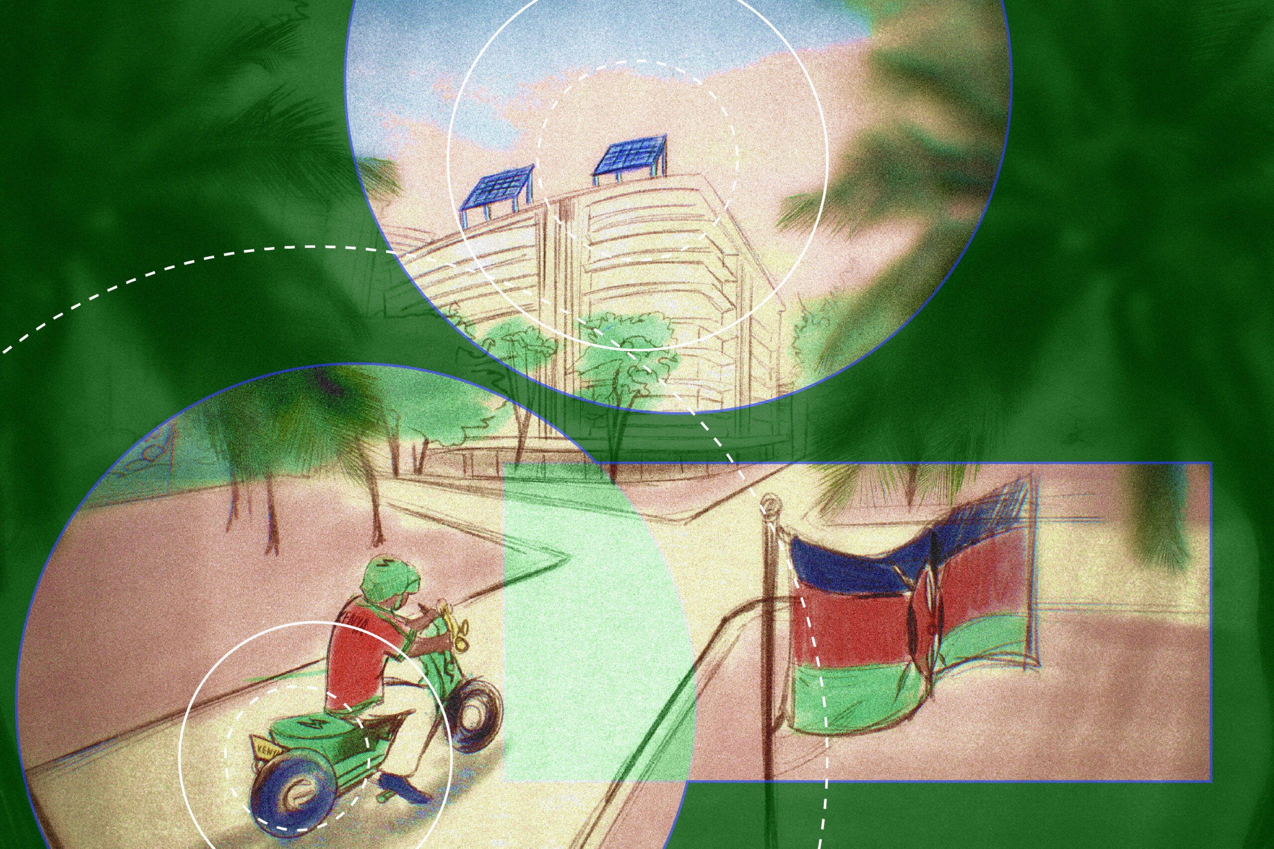 An illustration of someone on an electric motorcycle riding up a street toward a building with solar panels on the roof, and there's a South African flag on waving next to the road. There are also palm trees and a green overlay. Delicate white circles highlight the electric motorcycle and the solar panels.
