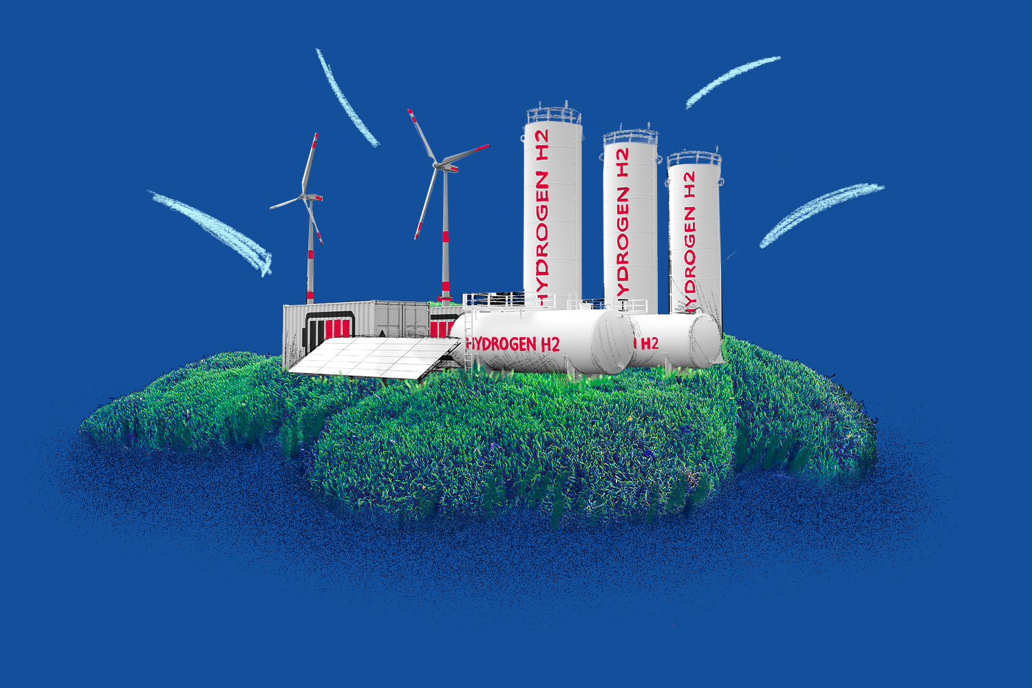 An illustration of a hydrogen plant powered by wind turbines on an island of green foliage floating on a blue backdrop.