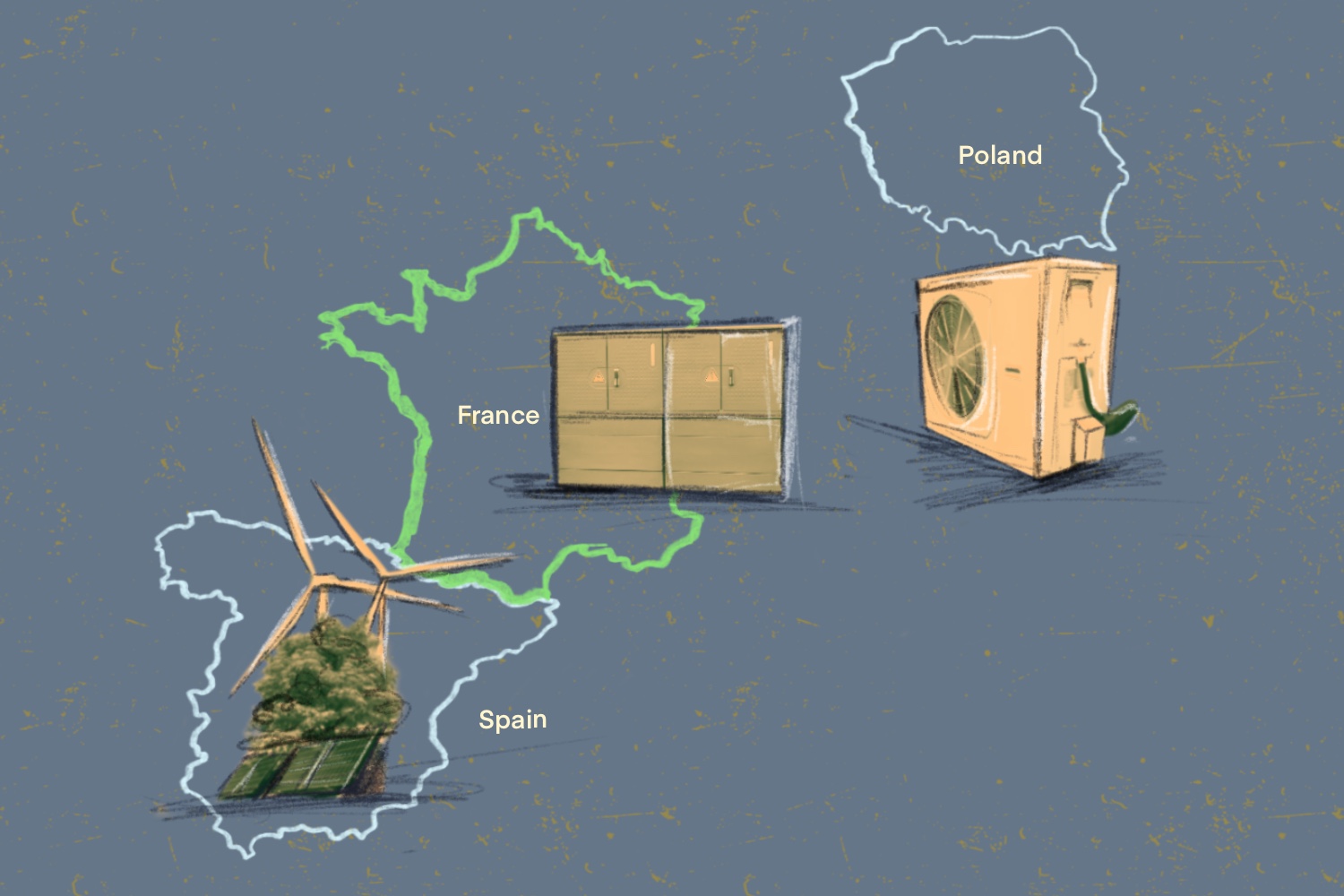 An illustration with the outlines of Poland, France and Spain drawn in blue and green colors, with a heat pump over Poland, a battery over France and wind turbines and solar panels over Spain. Background is a gray blue.