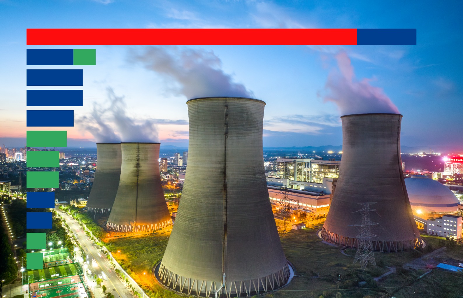An illustration of a sideways bar chart in the foreground with a picture of a nuclear power plant from the air in the evening time in the background.