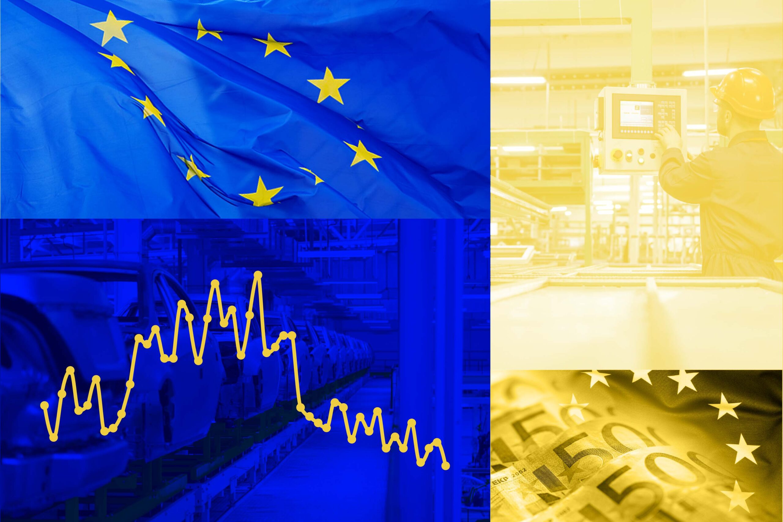 An illustration showing the European Union flag and currency with colors in yellow and blue.