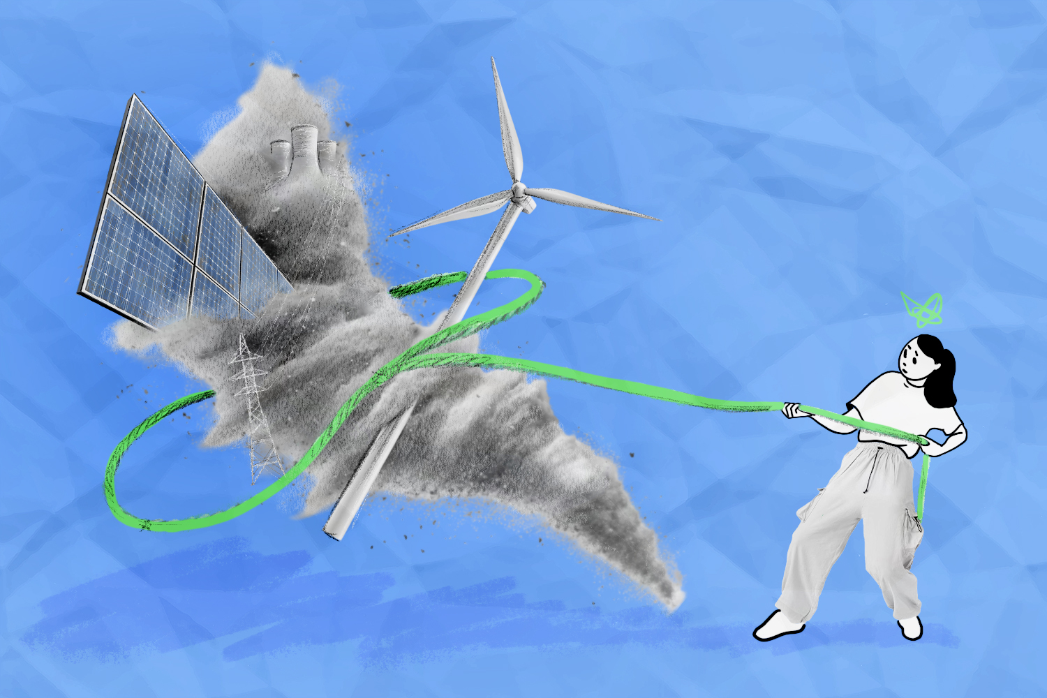A drawing of a tornado filled with clean energy tech — a wind turbine, a solar panel, etc., and a woman with a green lasso around the tornado, pulling on it. She has a green swizzle above her head to suggest confusion.