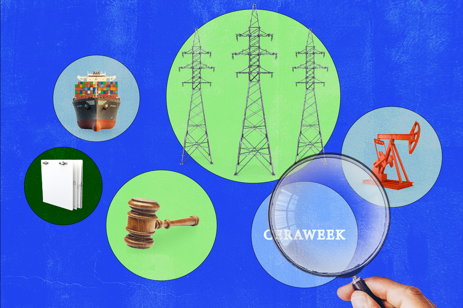 An illustration with six bubbles against a blue background. The bubbles contain a cargo ship, electricity towers, an oil jack, a judge's gavel, a stack of documents and the words 