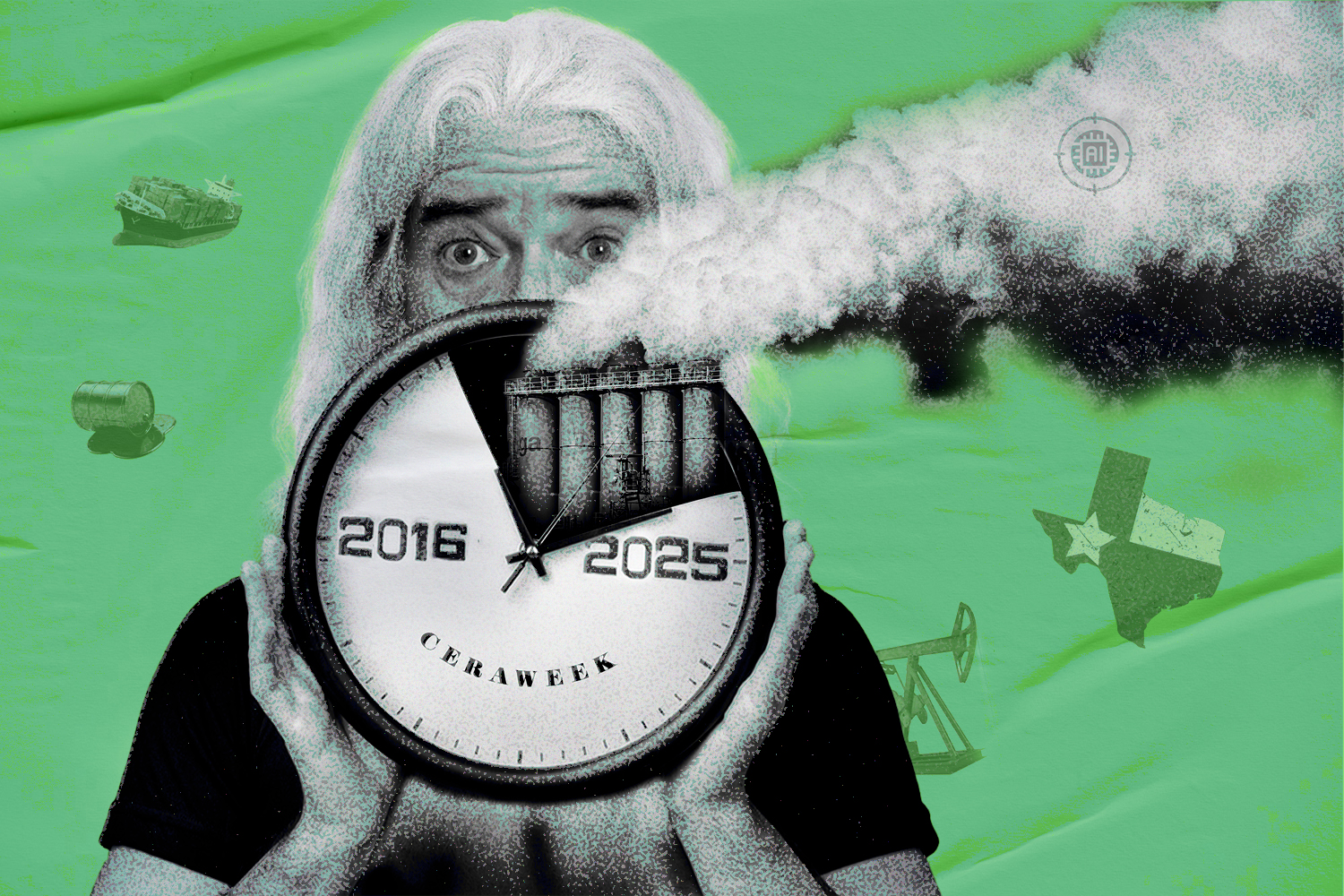 Illustration: An aging man with long white hair holds up a clock that goes from 2016 to 2025 and has a smokestack in it emitting lots of smoke. The background behind the man, who is in black and white, is green and dotted with icons: an oil drum, a shipping container, an oil jack, the state of Texas, and a little decal that reads 