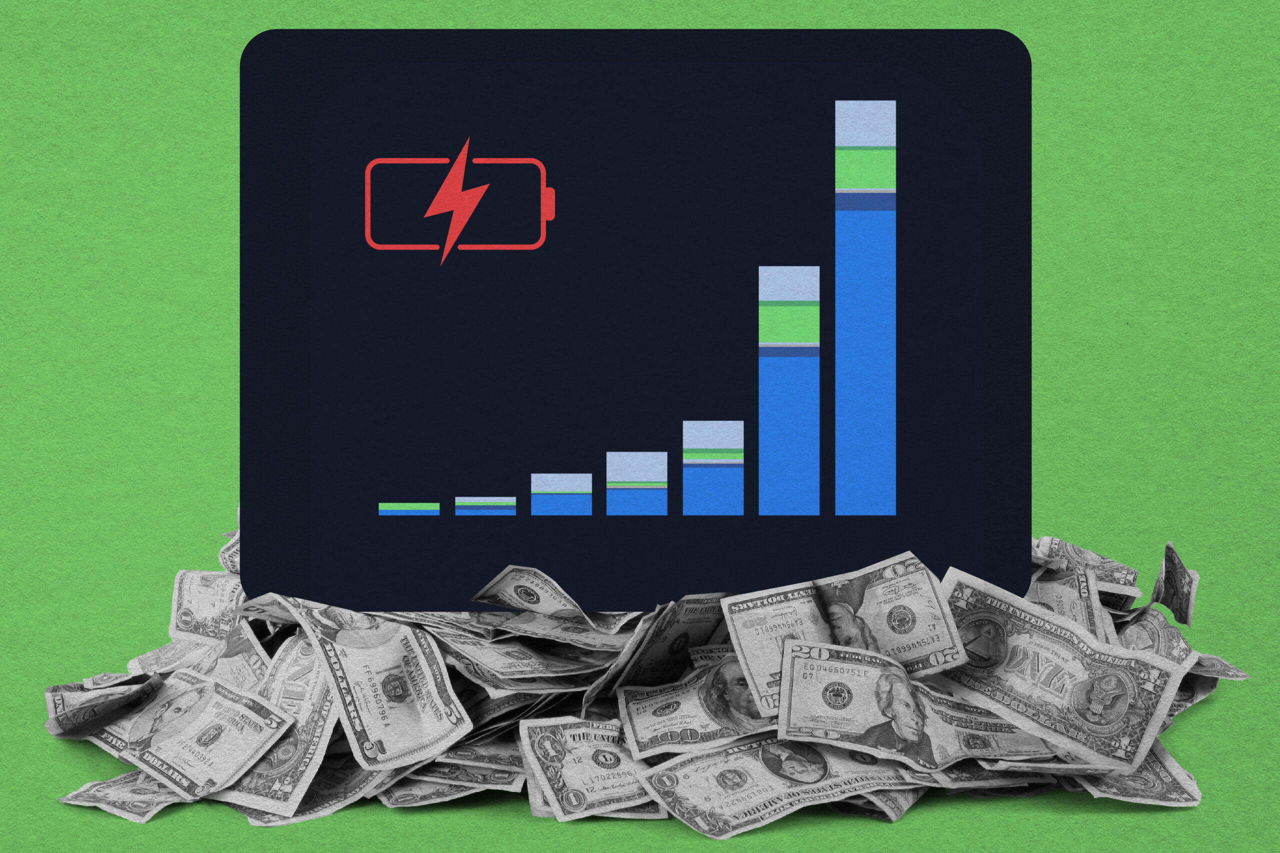 An illustration showing a bar chart against a black back drop with a battery symbol in the top lefthand corner and a pile of cash in front of the bar chart.