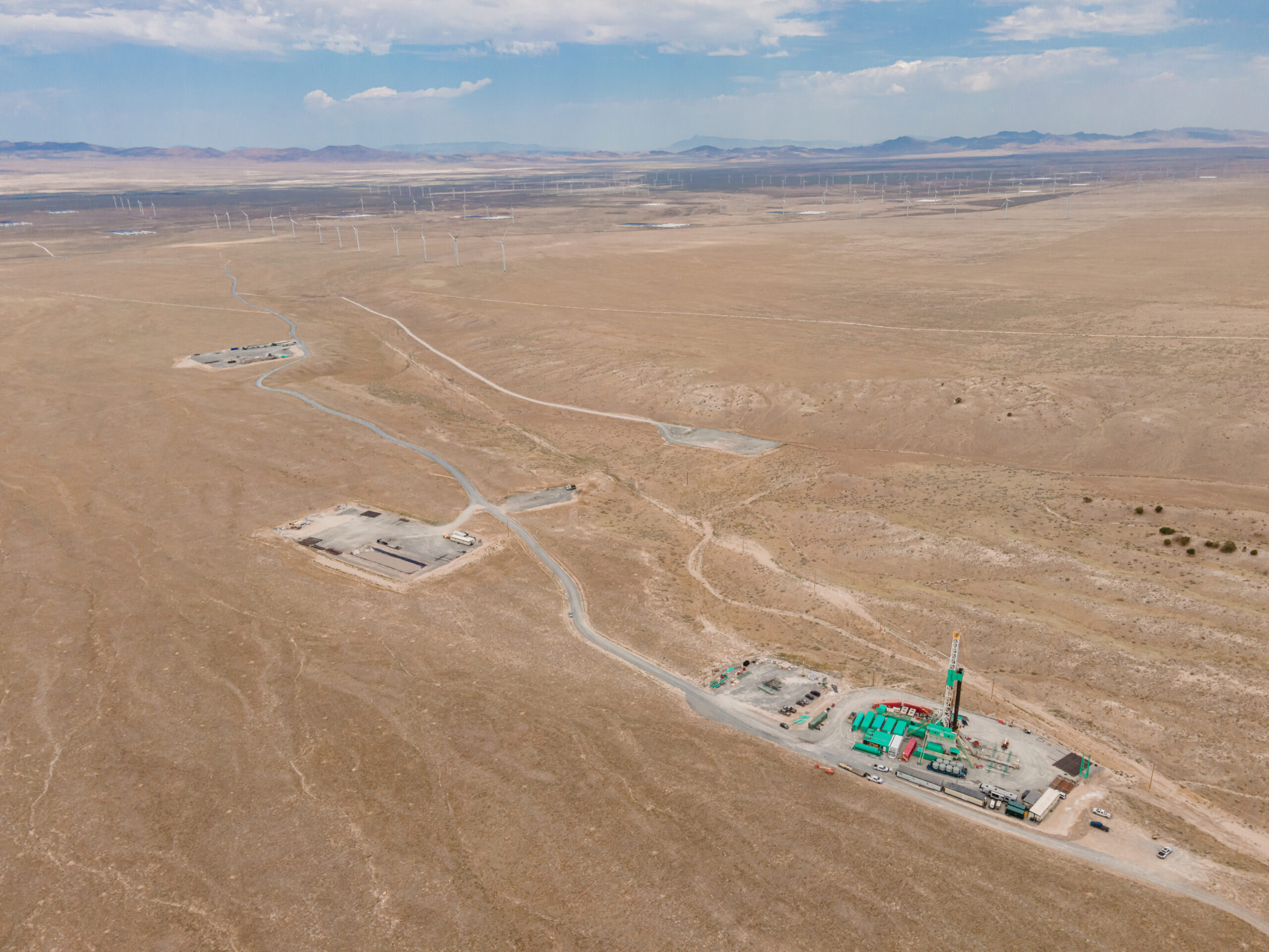 An aerial view of the FORGE geothermal field research site in Utah, managed by the Energy & Geoscience Institute at the University of Utah, and sponsored by the Department of Energy. Photo credit: Eric Larson, Flash Point SLC.