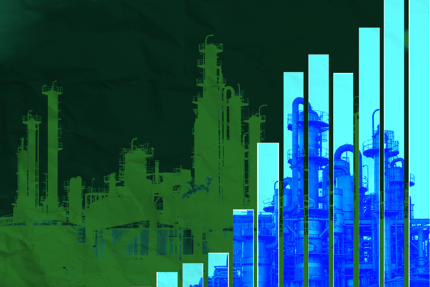 graphic showing a bar chart going up sharply with images of oil refineries in the background