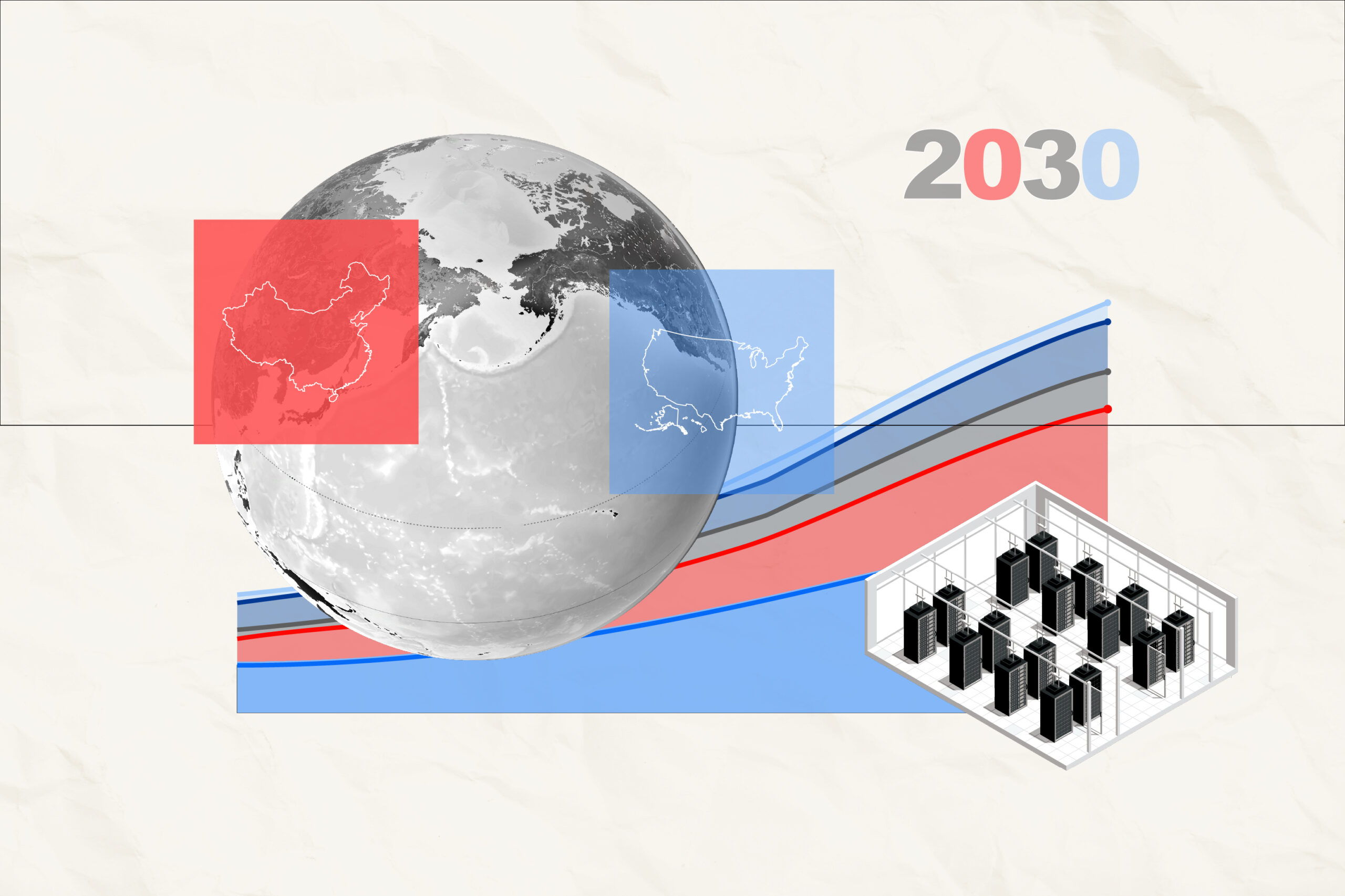 An illustration with a white background and a black and white globe on top of it, with a red square with the outline of the country of China in it and a blue square with the outline of the United States in it. Behind the globe and the boxes is an area line chart with sections in shades of blue, red and grey. And on top of that, there is a stylized drawing of the computer banks inside a data center.