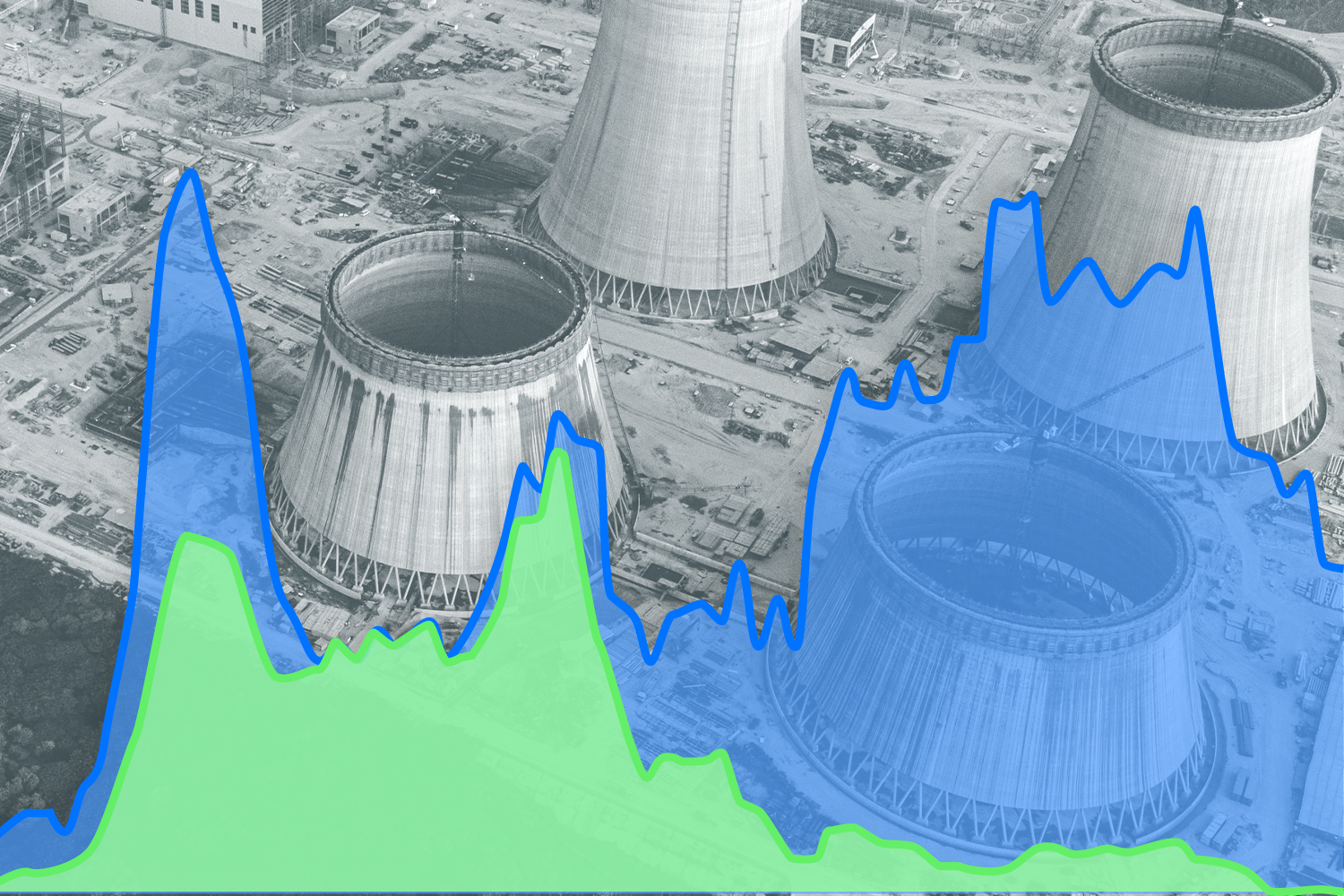 An area line chart in blue and green transposed over a black and white aerial photograph of a nuclear power plant.