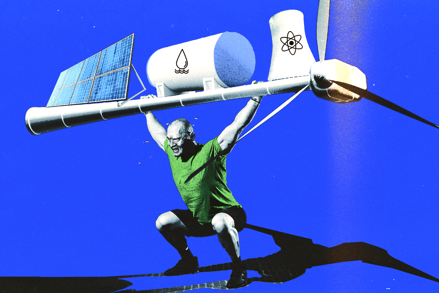 Image shows a man grimacing and holding up a windmill like a barbell with clean energy technology icons sitting on top of the barbell like weights. the weightlifter is wearing a green shirt and the background is blue