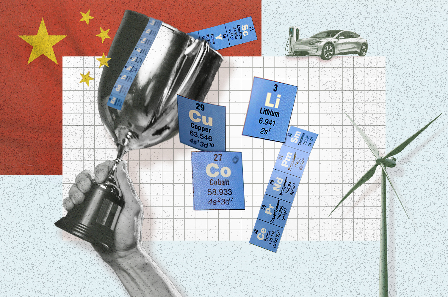 Image showing a hand holding a trophy with a Chinese flag, a windmill, an electric car and element symbols in the background