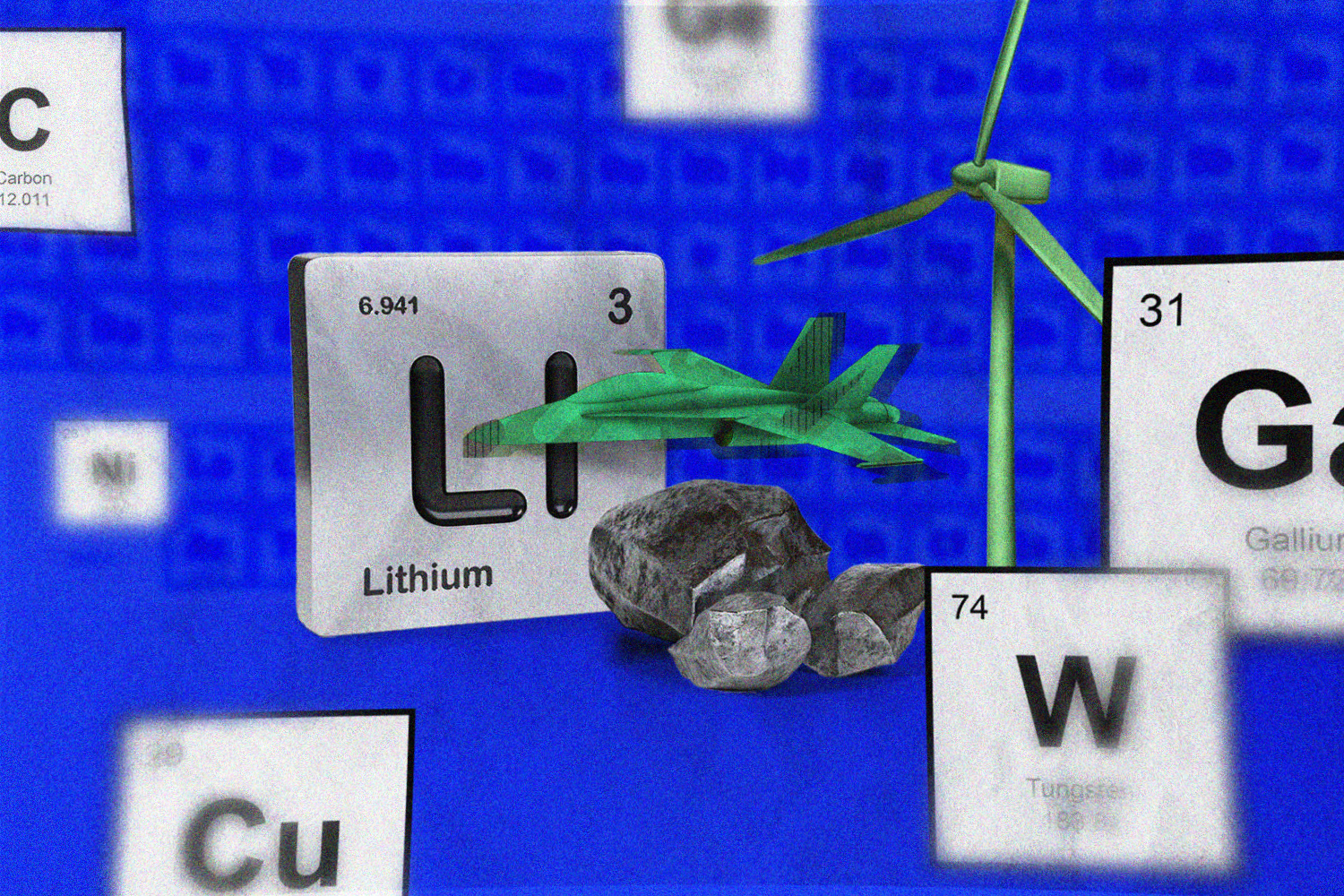 An illustration where some squares from the periodic table float on top of a blue background. The most prominent square reads 