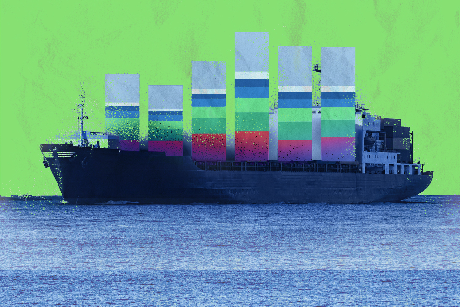 An illustration of a stacked bar chart on top of a giant cargo ship; the bar chart stacks are where the shipping containers would normally know. The ship is in the middle of the ocean and the sky is green.