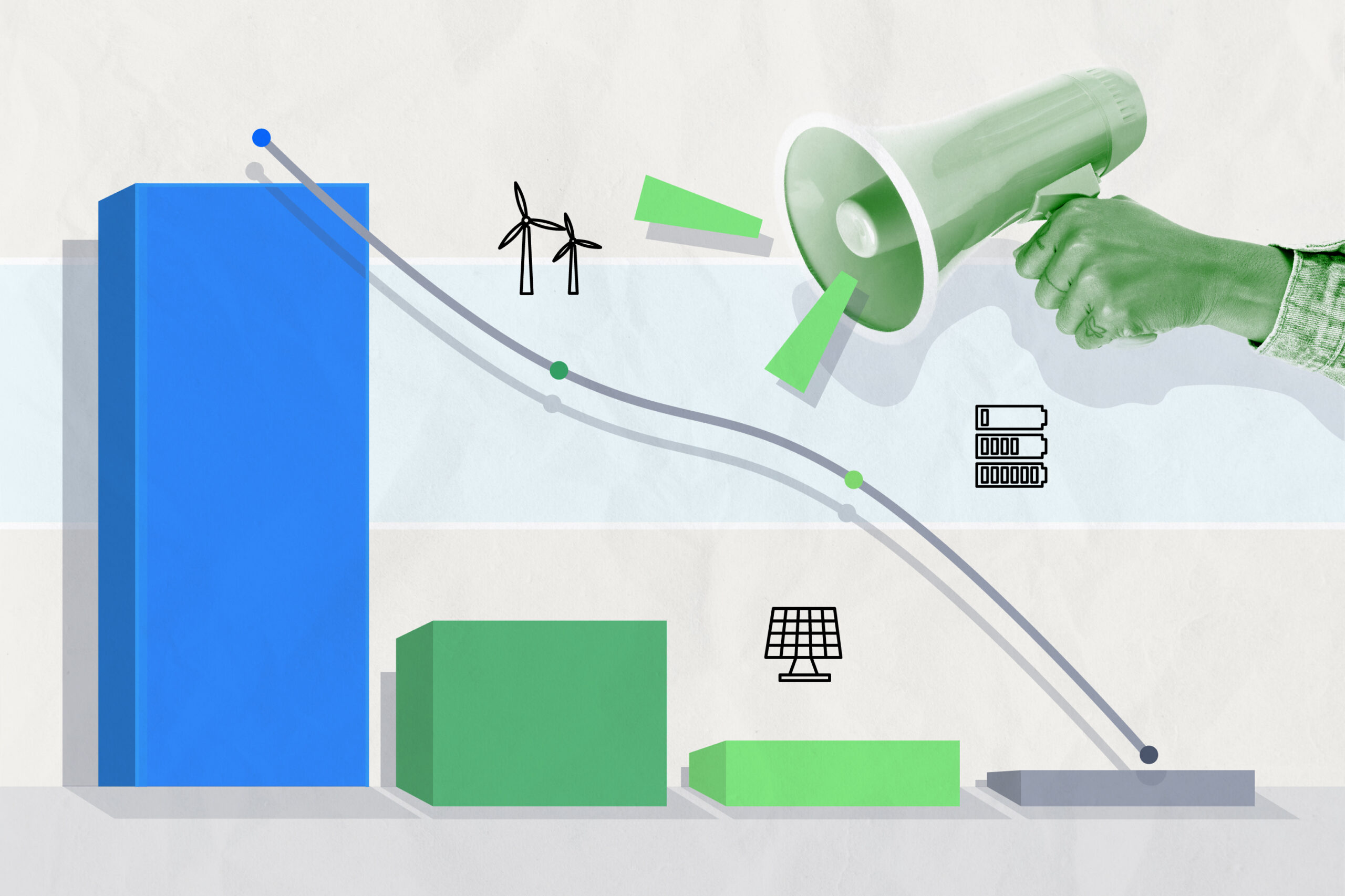 An illustration with a three dimensional bar chart in the foreground, with cleantech icons above the bars (one for wind, one for solar and one for batteries). There's also a hand holding a megaphone hovering over the chart.