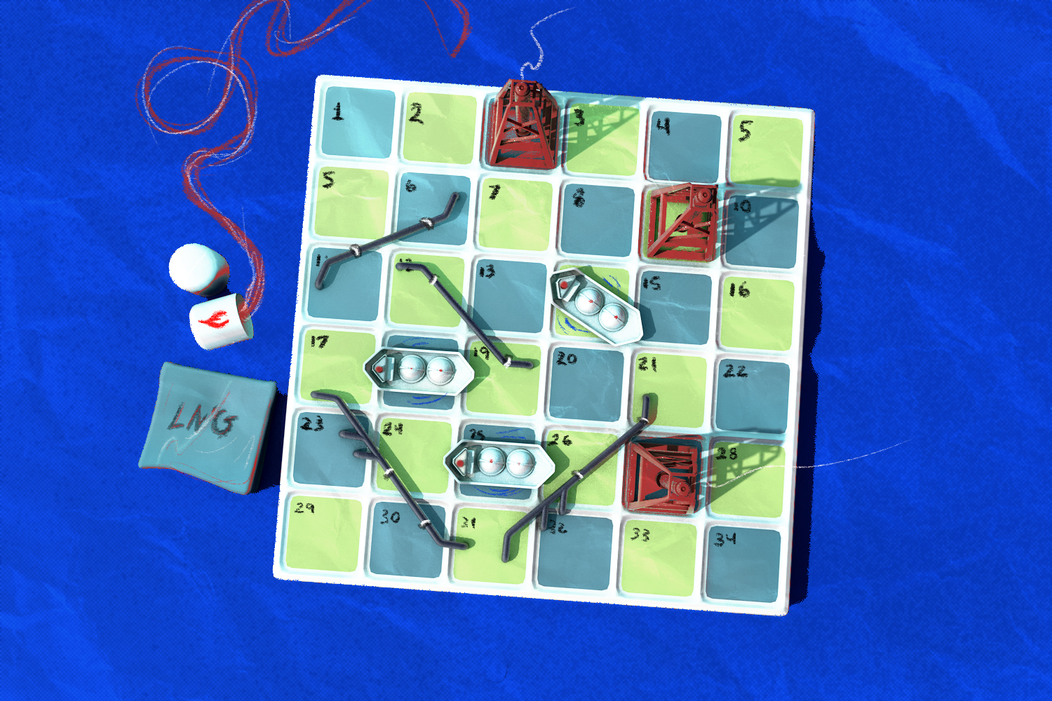 An illustration of a board game with blue and green squares, from above. The board is dotted with miniature pipelines, natural gas drilling wells and liquified natural gas ships. On the side of the board, a piece says 