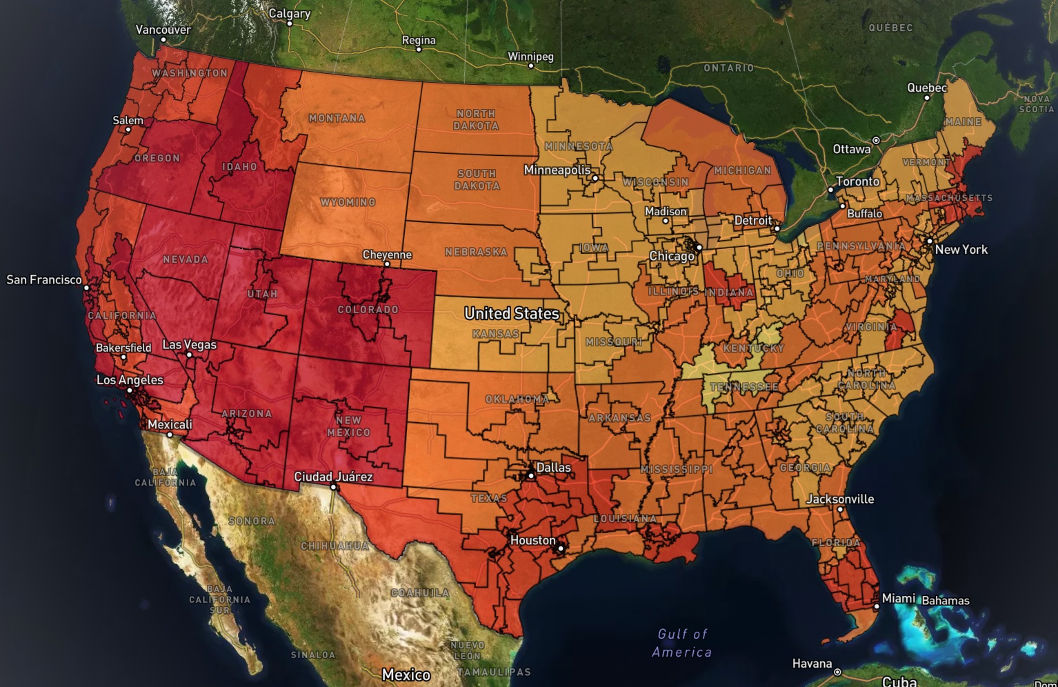 In partnership with Google, Project InnerSpace created a free and interactive map showing geothermal capacity. This screenshot shows geothermal capacity by Congressional District. Credit for the image: Project InnerSpace’s GeoMap, developed in partnership with Google.