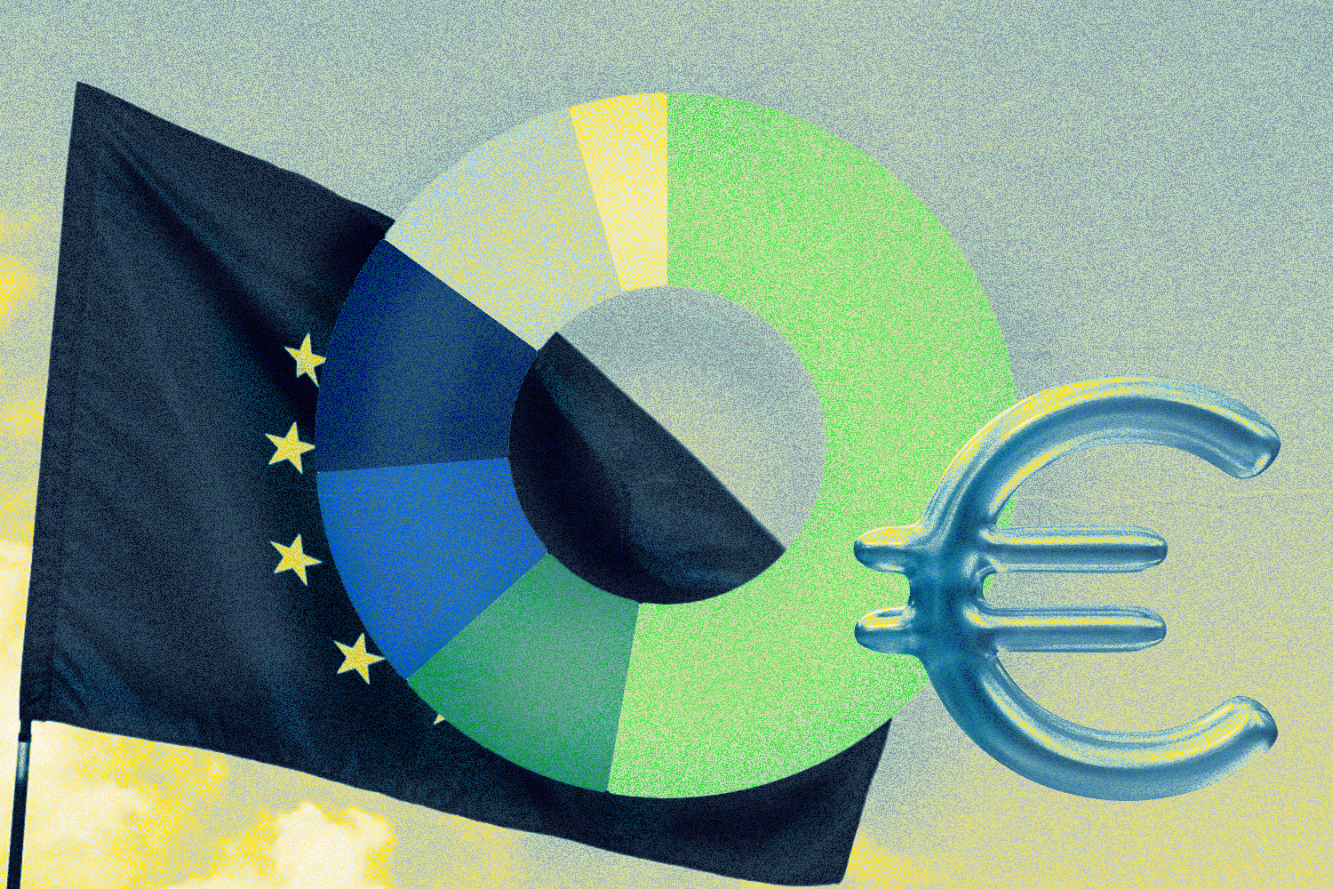 An illustration that has the European Union flag, a donut chart and the symbol for the Euro layered on top of each other. The background is a stylized sky in faded yellow and light blue.