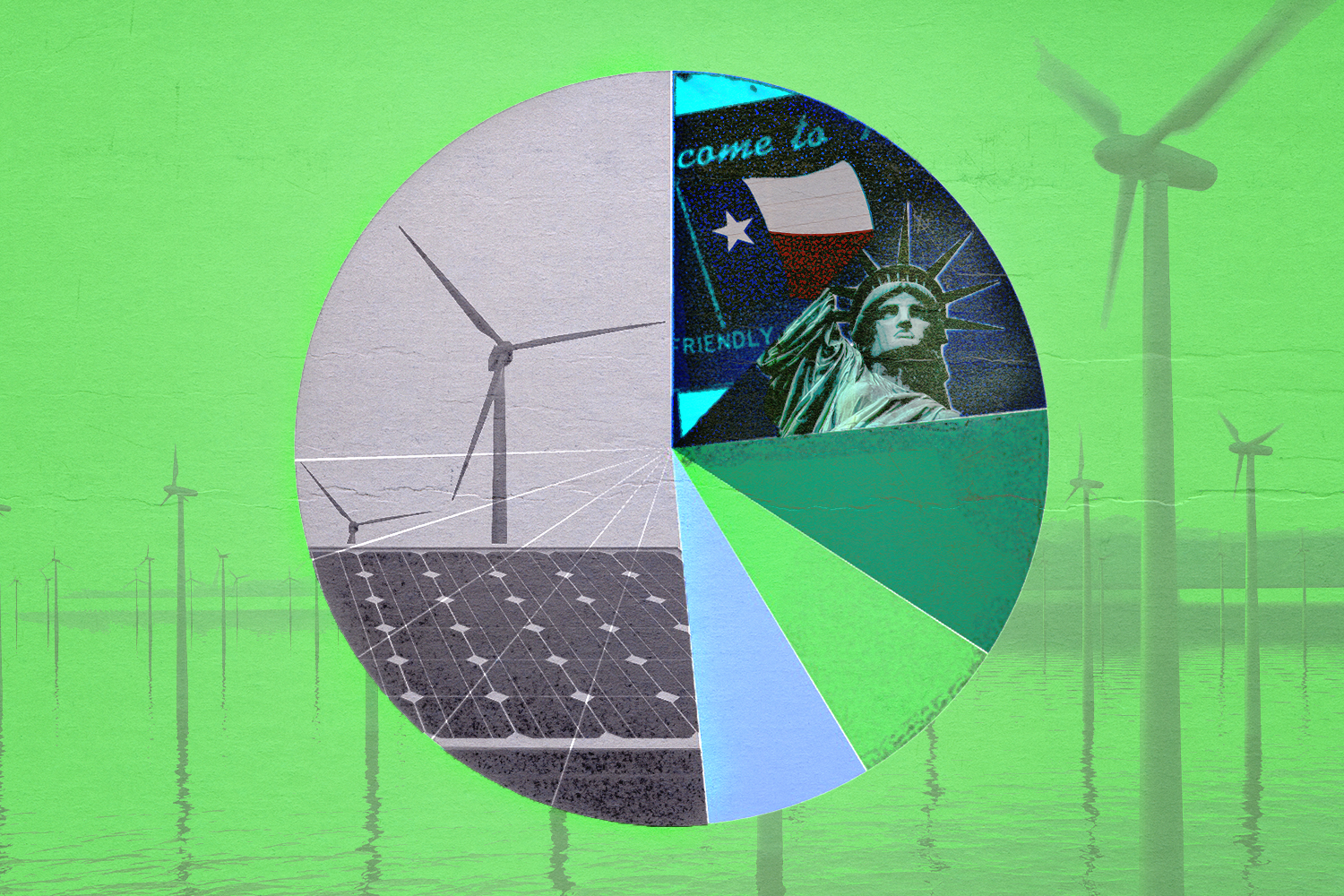 An illustration of a pie chart in the foreground; the pie chart has six segments, one has a picture of a solar panel and a wind turbine in it; one of the other segments have a 