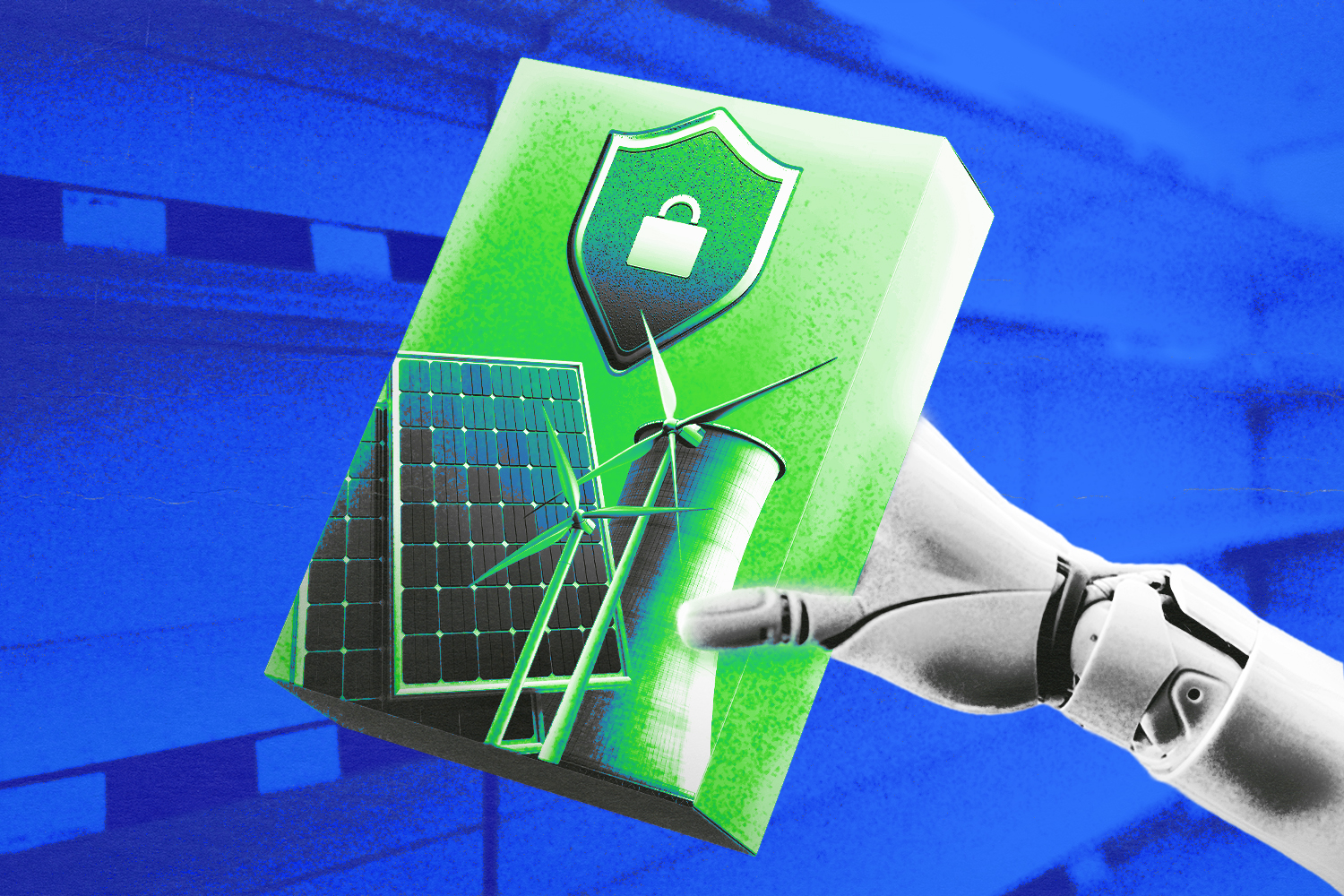 An illustration of a robot hand holding up a rectangular box with a shield and a lock on the front as well as a depiction of a solar panel and a wind turbine. The box is green and the background is blue.