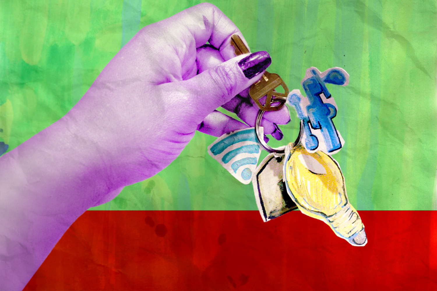 Illustration of a purple hand holding up a set of keys that have a lightbulb, a wifi symbol, and a utility pole on them. The background is green and red.