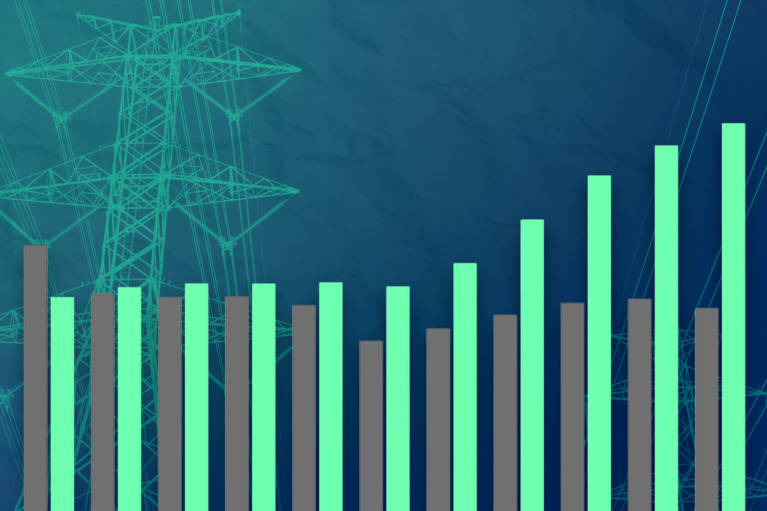 Illustration of a bar chart with alternating bars of grey and green with a background of dark blue and a green transmission tower and transmission lines running through it.