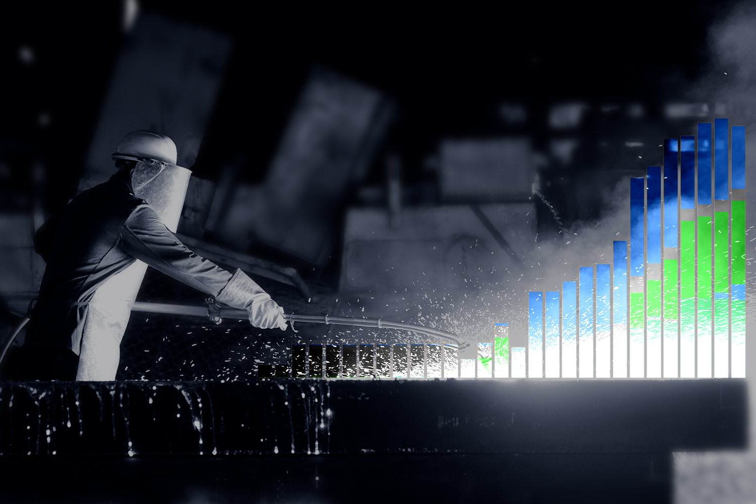 An illustration of a worker wearing a iron-working helmet and face shield stoking an industrial furnace; the sparks form a bar chart in blues and greens.