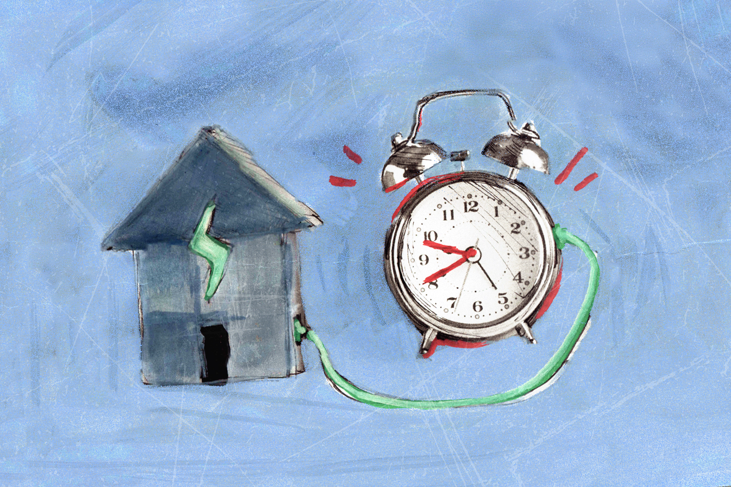 Illustration of a little grey house with a green lightning bolt on it connected by a green cord to an old-fashioned alarm clock that is ringing, as indicated by red lines coming from it. The background is a swirly light blue.