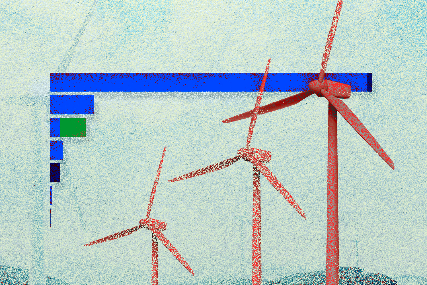 An illustration of a horizontal bar chart in the background and three red wind turbines in the foreground.