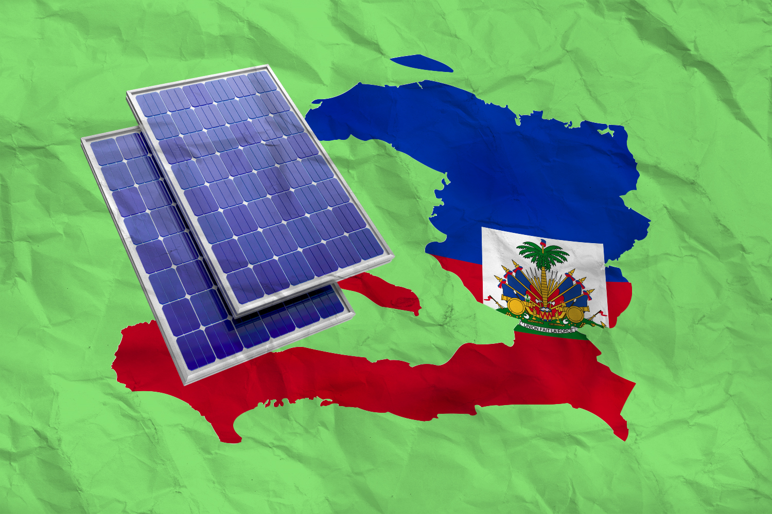 An illustration of the Island of Haiti and the Haitian flag with two solar panels and a green background.