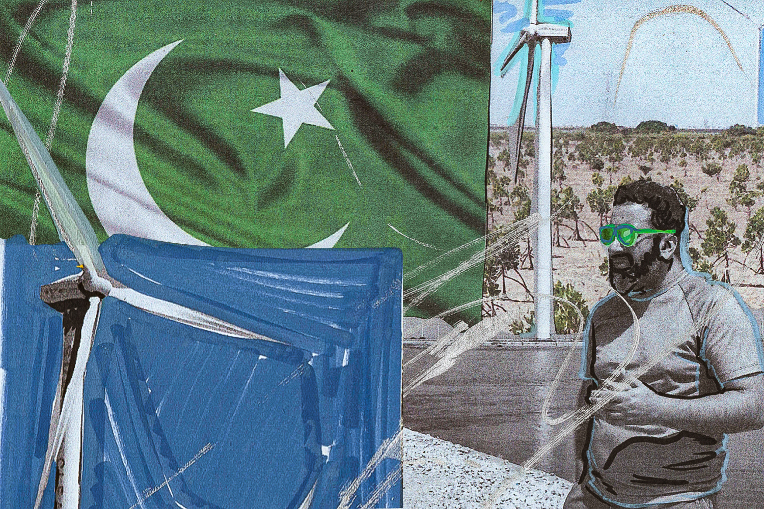 An illustration that includes the Pakistani flag, two wind turbines, and a man in sunglasses standing and talking with his hands in front of some wind turbines.