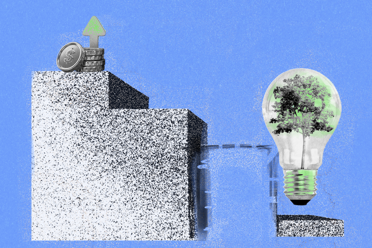 An illustration of a lightbulb with a tree inside on a low step, and then a gap and then two much higher steps to a pile of coins. The steps are black and white and the background is light blue.