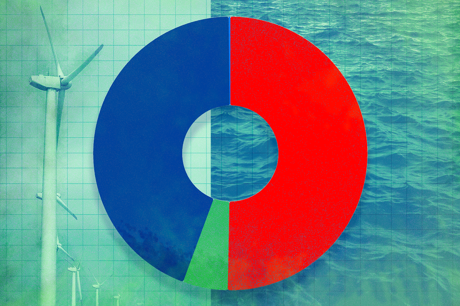 An illustration of a donut chart on top of a split screen picture of wind turbines on one side and an aerial view of waves on the ocean on the other. The whole illustration has a blue-green cast.