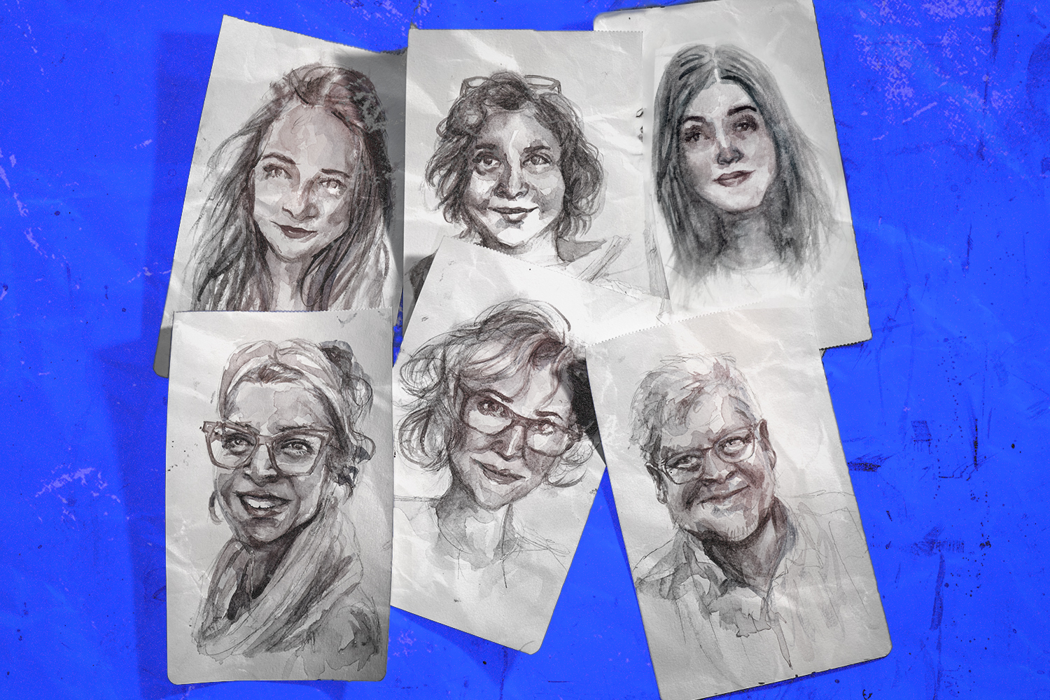 An illustration that has six black and white portraits of six people. Background behind those portraits is a deep blue.